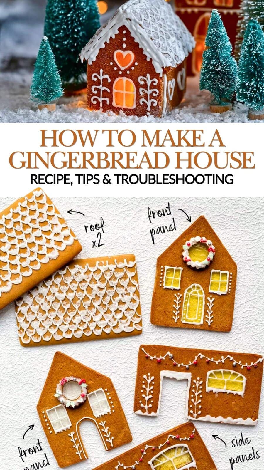 A decorated Gingerbread House with intricate gingerbread house icing sits among miniature trees; below are labeled gingerbread pieces showing how to assemble a house, complete with piped icing designs and festive wreath decorations.