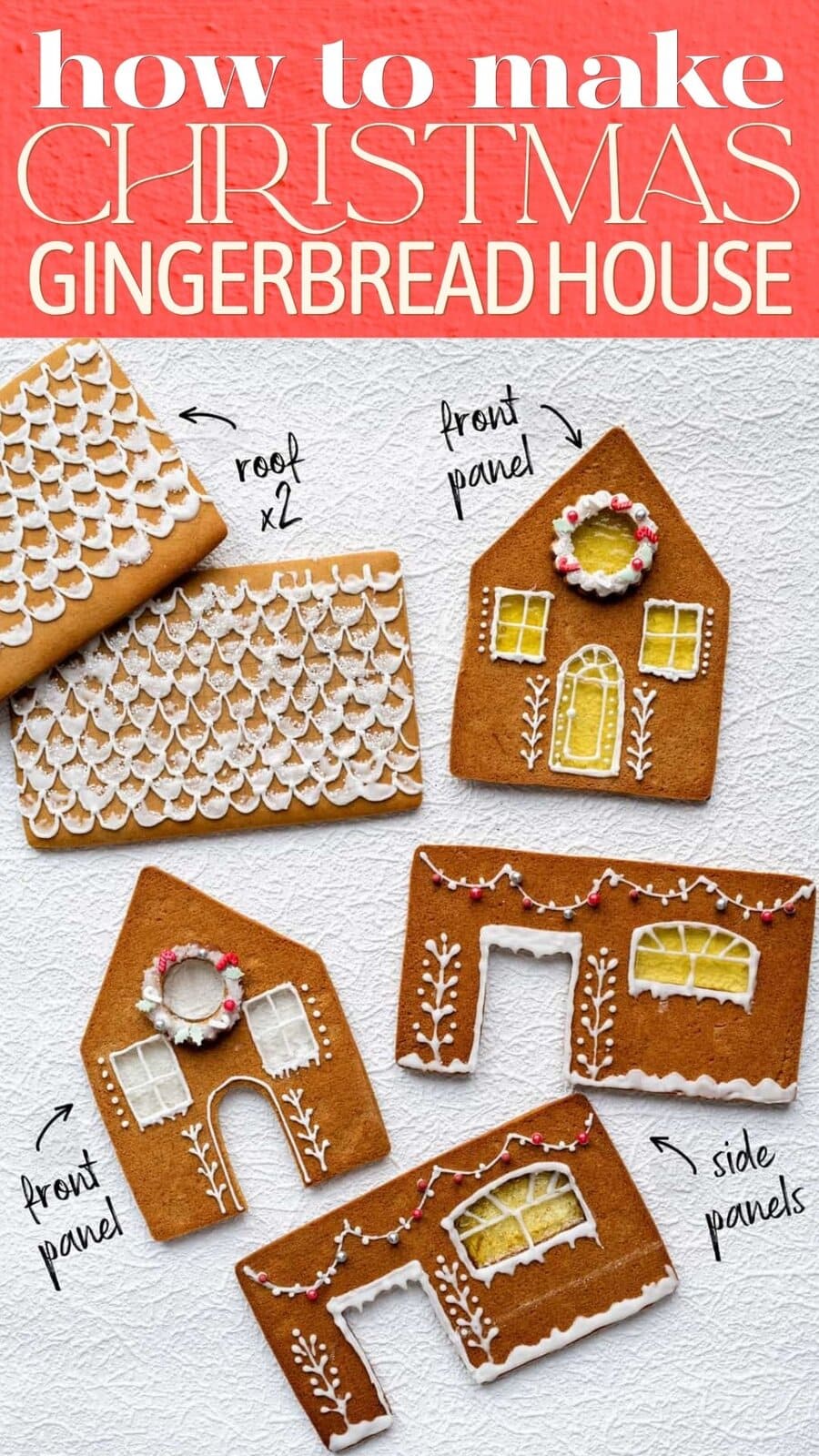 Photo tutorial showing decorated Gingerbread House panels: two roof pieces with white gingerbread house icing, side panels with window designs, and front panels featuring a door, windows, and wreaths. Text reads “how to make Christmas gingerbread house.”.