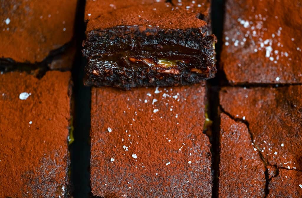 Close up of sliced caramel brownies 
