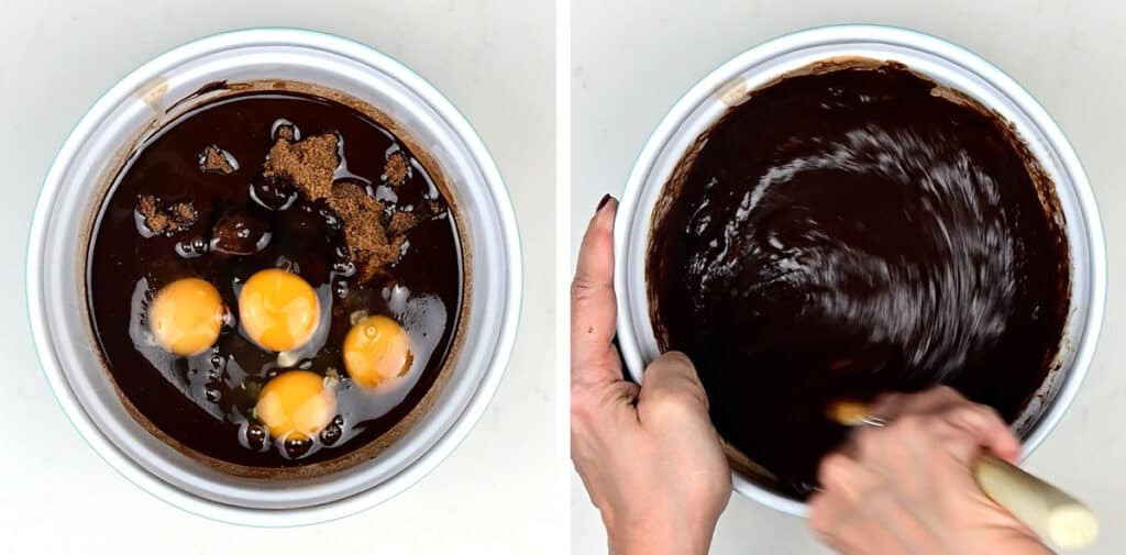 Stirring eggs into brownie batter in a bowl collage