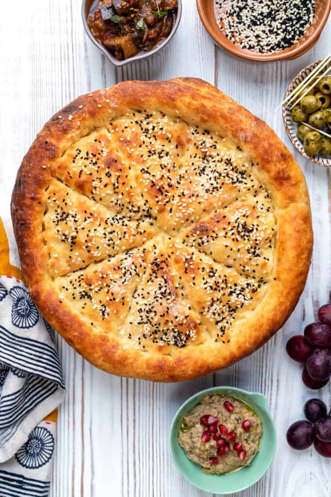 Golden Turkish Bread with black and white sesame seed topping