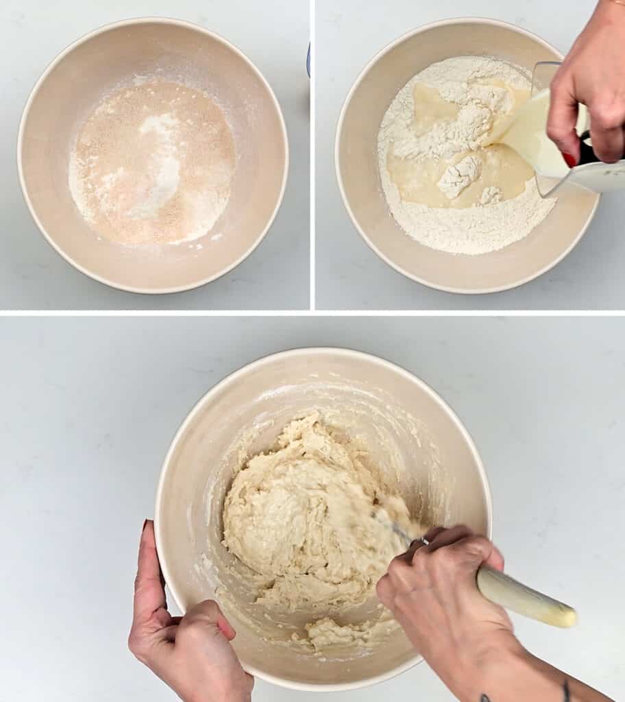 collage showing how to mix dough for Turkish bread