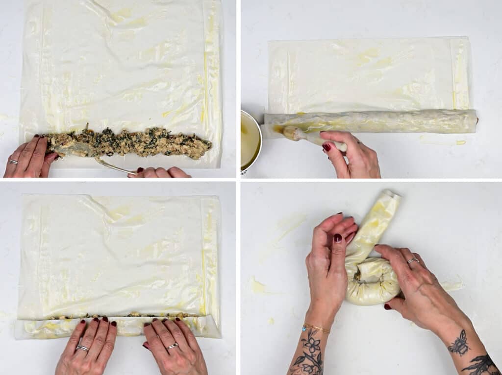 Collage showing how to shape a filo pie into a spiral