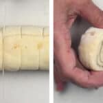 Slicing puff pastry cinnamon rolls using dental floss
