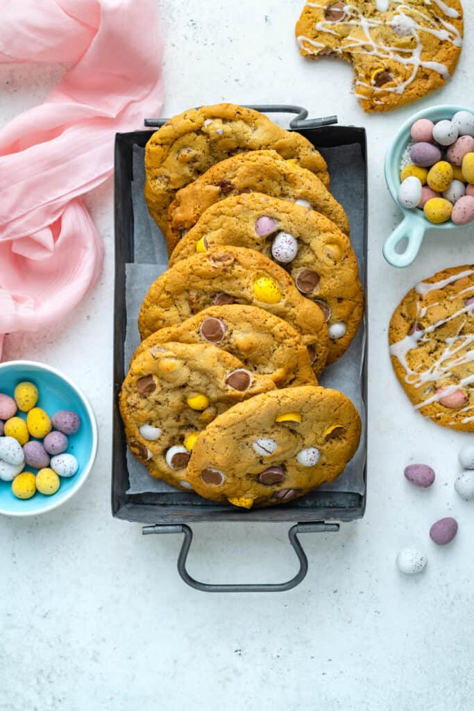 Easter cookies with Cadbury's mini eggs in a metal container