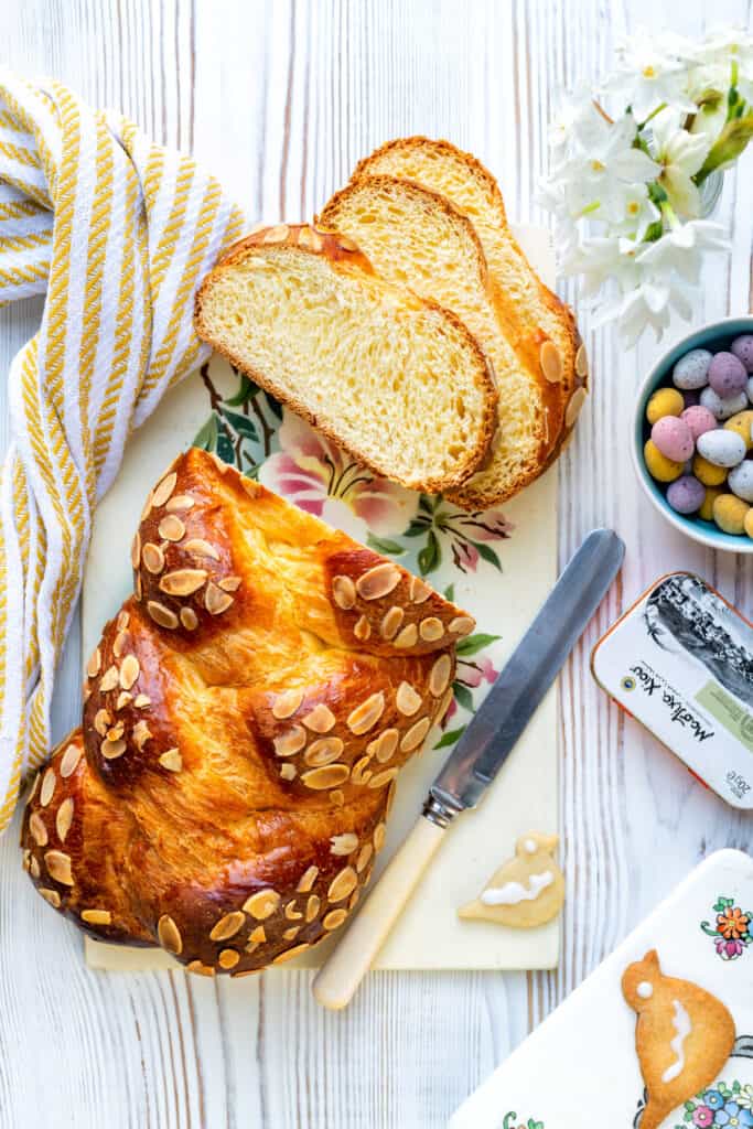 Greek Easter Bread – Tsoureki – sliced on a ceramic board
