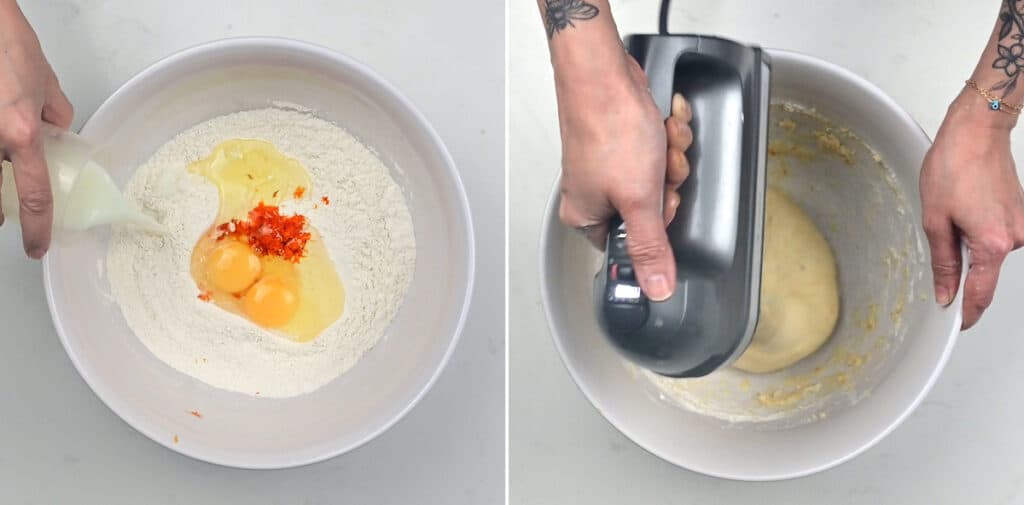 Mixing easter bread dough with an electric hand mixer