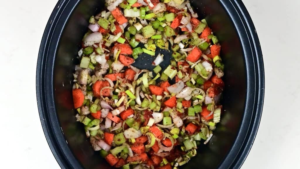 medley of chopped vegetables in a slow cooker
