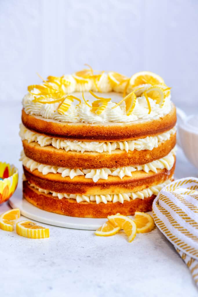 Four tier Lemon Cake with lemon cream cheese buttercream frosting