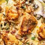 Chicken thighs in a creamy sauce with mushrooms, herbs and bacon
