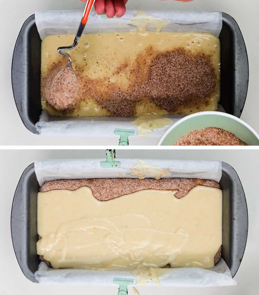 collage showing how to make cinnamon swirl quick bread