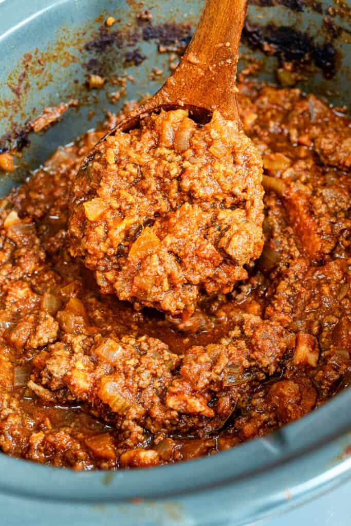 Slow Cooker Bolognese in wooden ladle