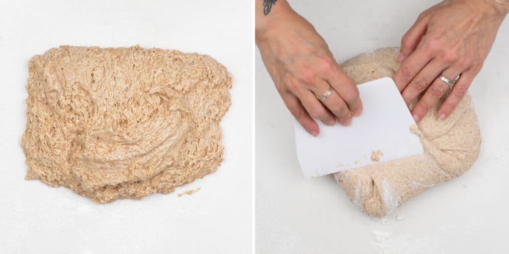 shaping a wholemeal bread loaf collage