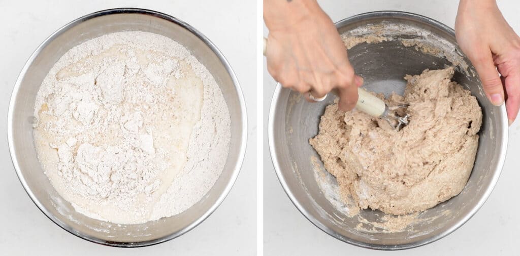 mixing dough for wholemeal bread in a bowl collage