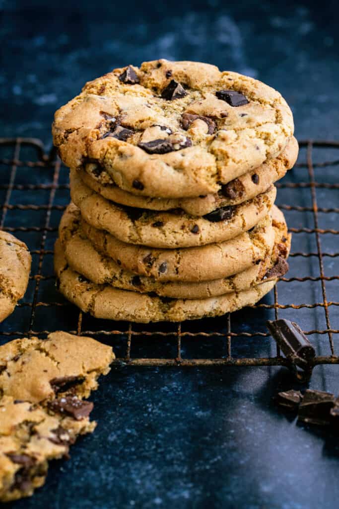 Chocolate chip cookies in a stack 