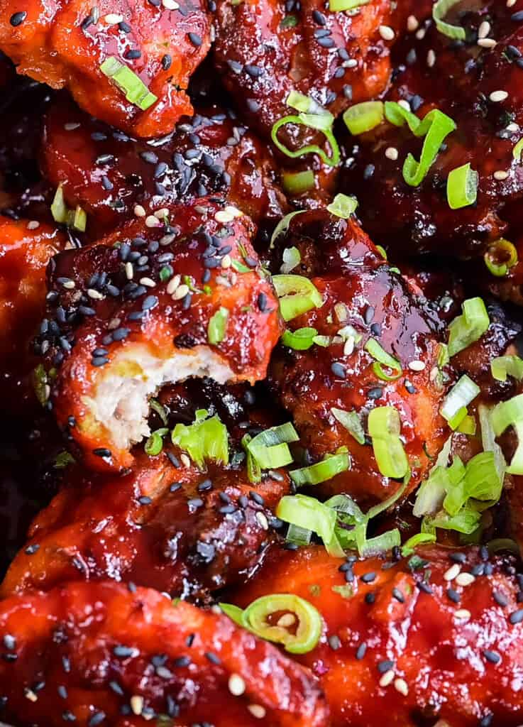 close up on sticky Korean fried chicken