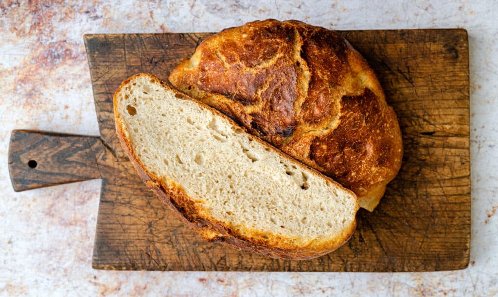 Quick sourdough bread sliced in half