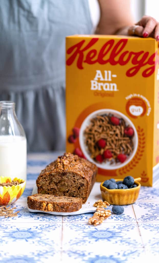 All bran loaf with a box of Kellogg's All Bran on the side