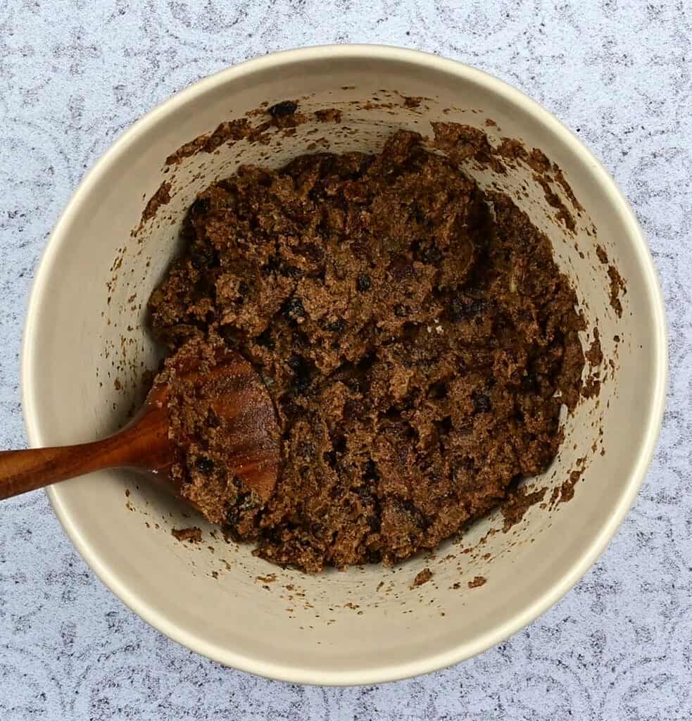 Mixing ingredients for bran loaf in a bowl