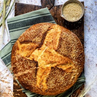 Greek Country Style Village bread topped with sesame seeds