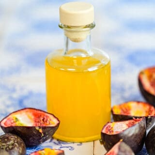Passion fruit syrup in a small glass bottle