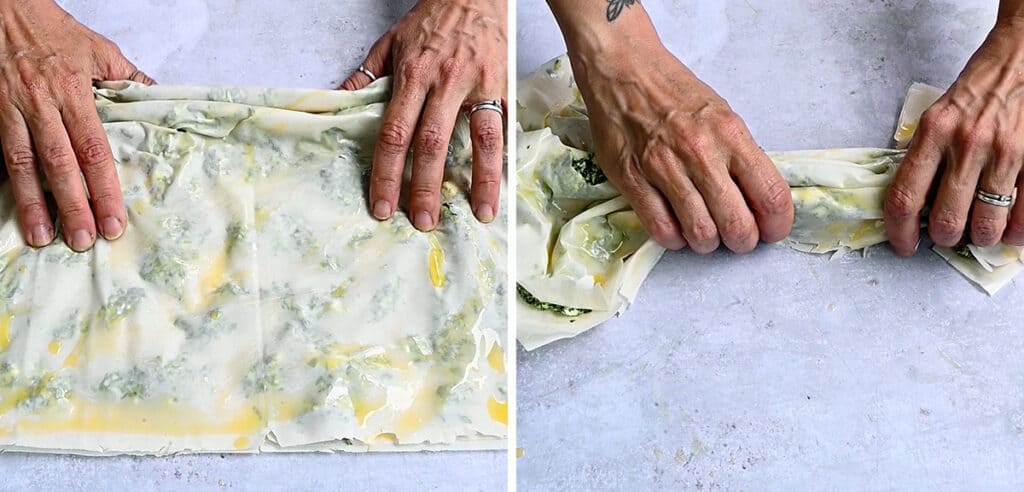 collage showing how to make a ruffled filo pie