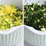 spinach pie filling with chopped spinach, herbs and feta cheese in a bowl
