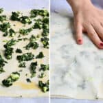 collage showing how to make crinkled filo pie with spinach filling