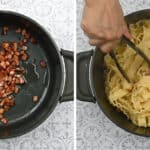 adding cooked pancetta to boiled pasta collage