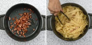adding cooked pancetta to boiled pasta collage