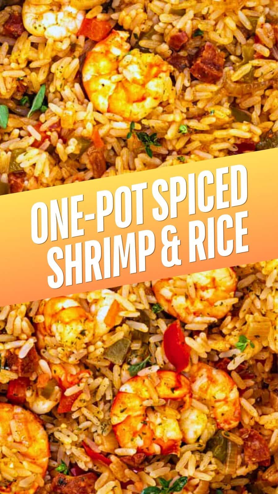 A close-up of a colorful dish featuring shrimp, rice, chopped vegetables, and herbs, with the text Cajun Shrimp and Rice written across the center in bold white letters on an orange banner.
