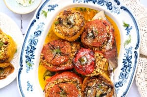 Stuffed tomatoes and peppers on a platter, Greek style!