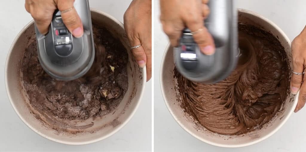 Beating chocolate cake batter with an electric hand mixer