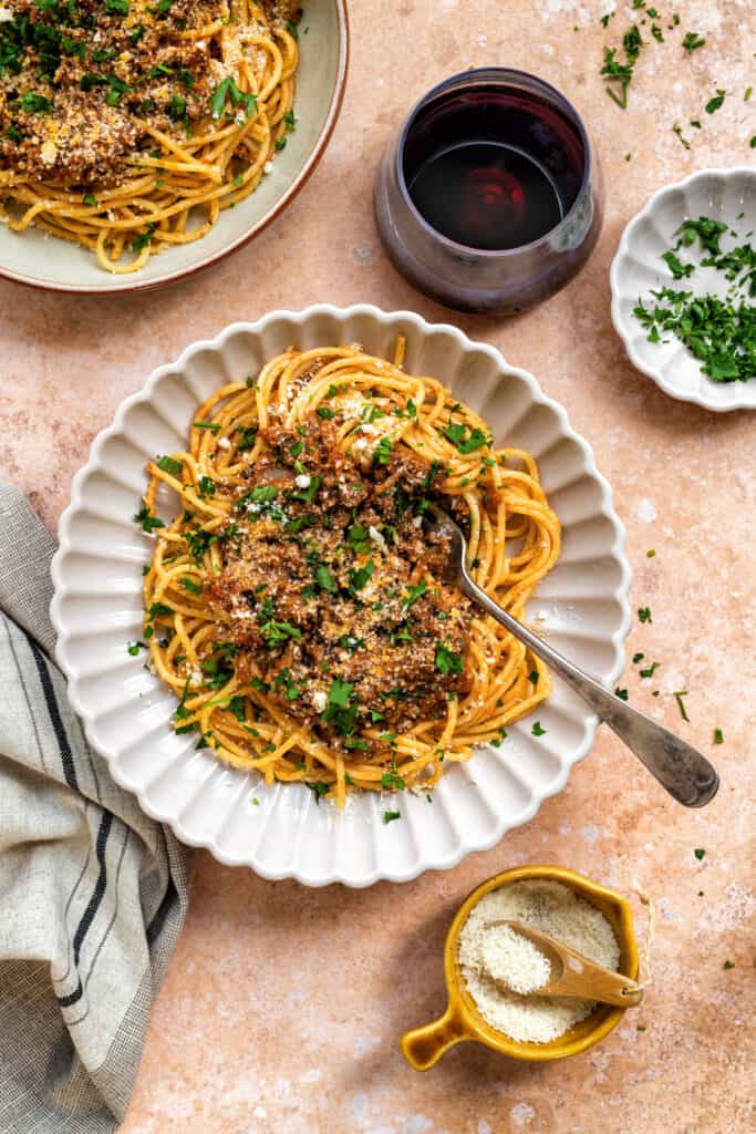 Bowl of spaghetti with Greek meat sauce