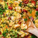 prawn Orzo with tomatoes and capers close up