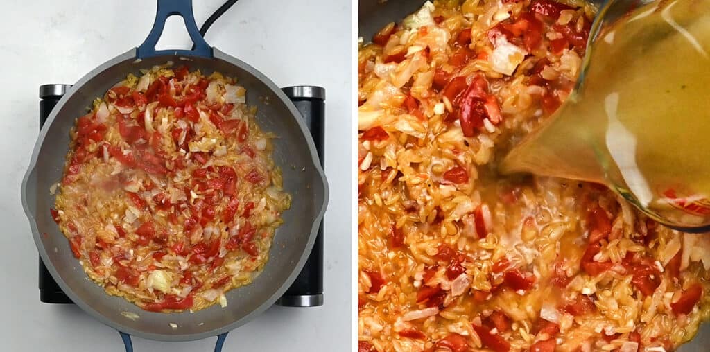 cooking orzo and tomatoes in stock