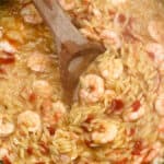 shrimp orzo in a pan