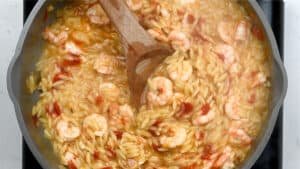 shrimp orzo in a pan