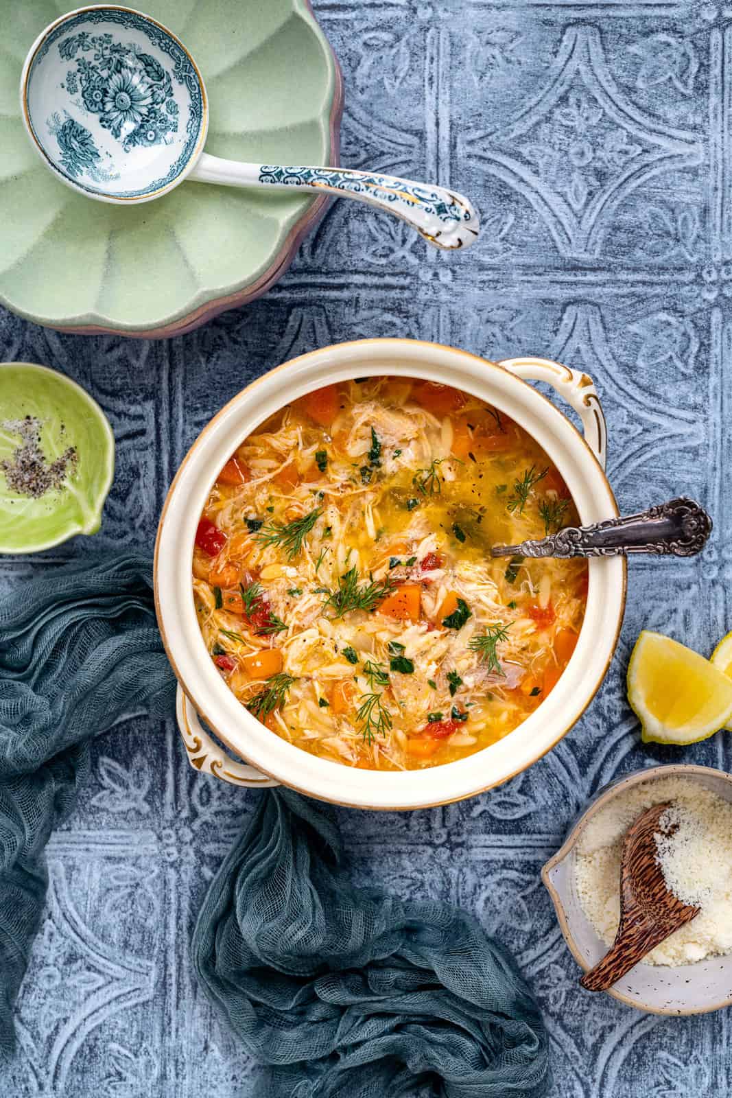 Slow Cooker Chicken soup in a soup tureen