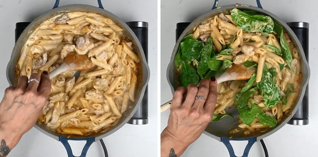 stirring cream and spinach in pan of Tuscan pasta