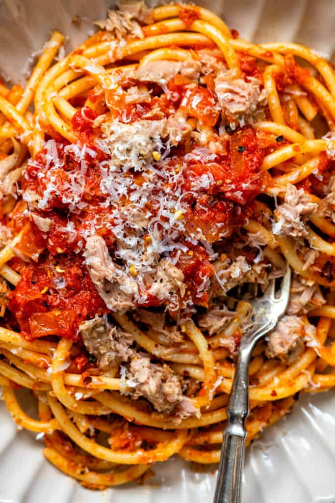 close up on pasta with a tuna and tomato sauce