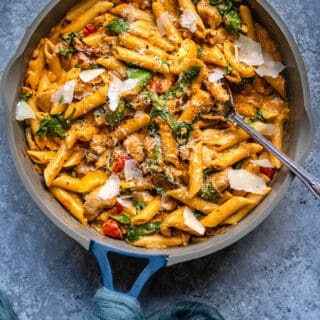 Tuscan chicken pasta in a pan
