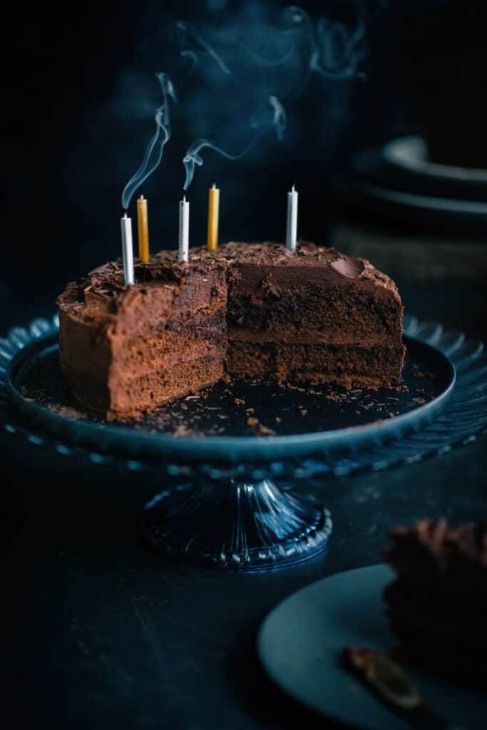 air fryer Chocolate cake with candles on a stand