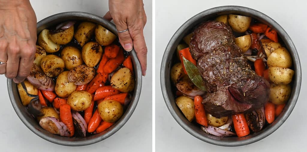 Ingredients for pot roast in a deep container