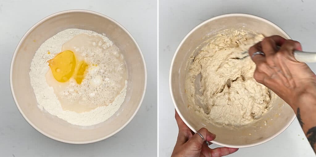 mixing bread dough in a bowl