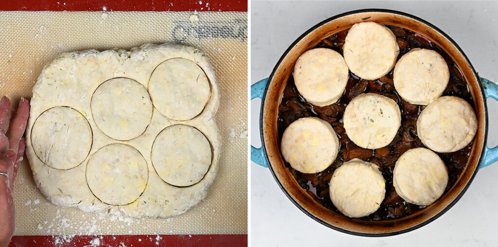 collage showing scones for beef cobbler preparation