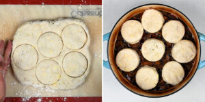 collage showing scones for beef cobbler preparation