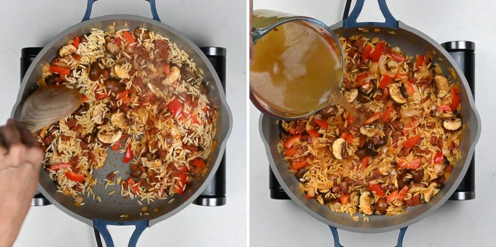 Making Cajun shrimp pasta in a pan collage