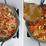 Making Cajun shrimp pasta in a pan collage
