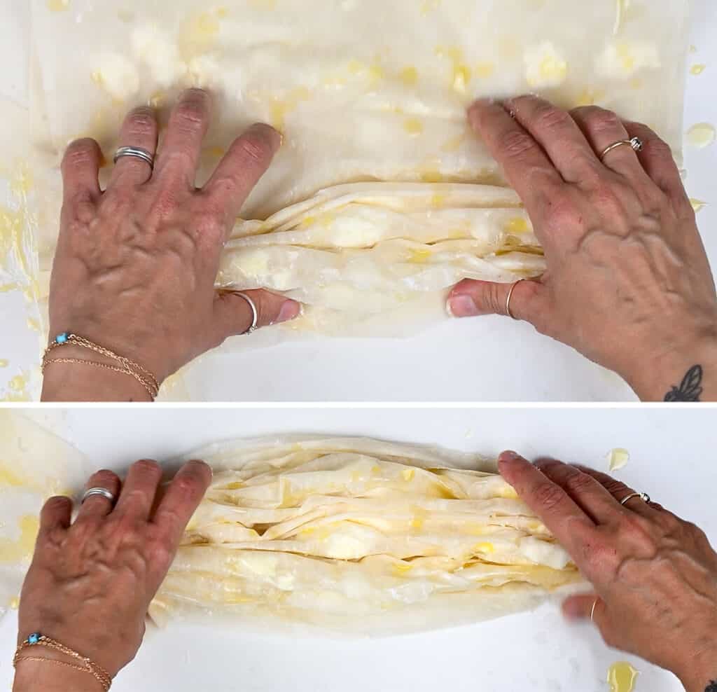 Folding sheets of phyllo pastry to make cheese pie